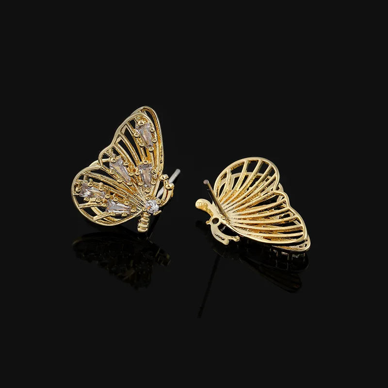 Luxury Gold Tone Alloy Zircon Butterfly Micro Pave Stud & Clip On No Piercing Women's Fashion Earrings