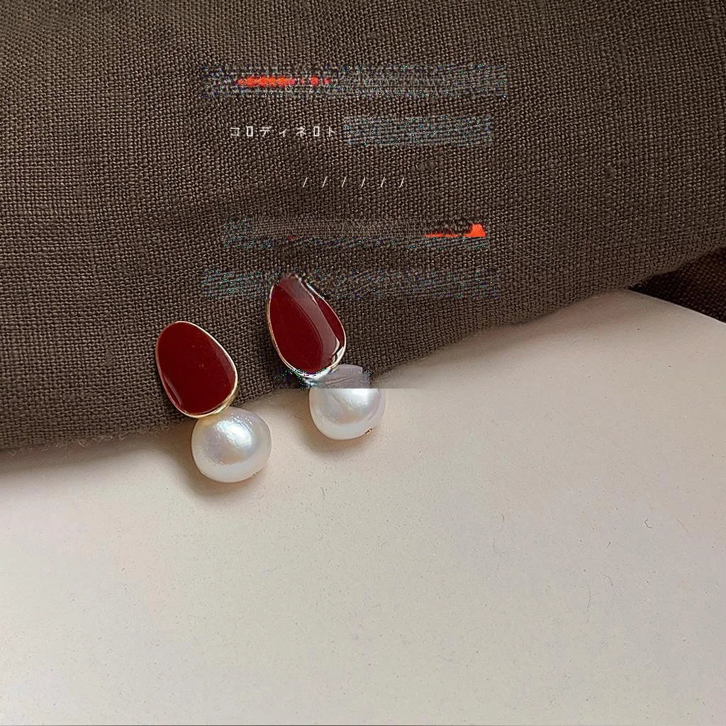 Baroque Irregular Freshwater Pearl Stud Earrings, 14K Plated Copper Burgundy Enamel Jewelry