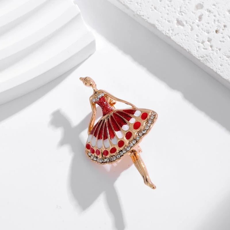 Elegant Ballet Girl Alloy Enamel Rhinestone Brooch, Red Dress Dancer Lapel Pin Corsage Suit Accessory Gift