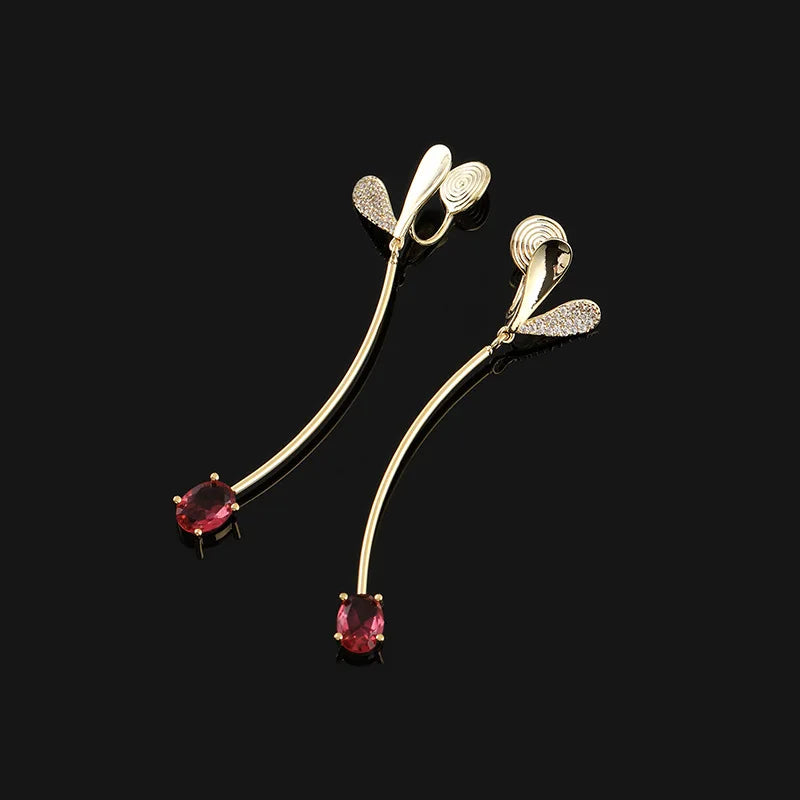 Elegant Long Curved Tassel Heart Spiral Alloy Rhinestone Ruby Crystal Stud & Clip On No Piercing Earrings