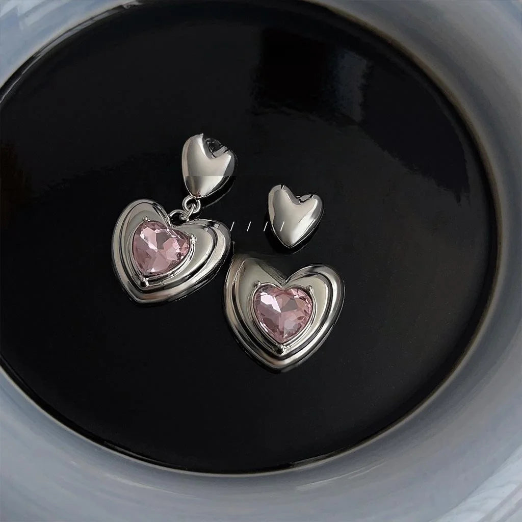Sweet Cool Pink Glass Crystal Heart Drop Earrings Copper Minimalist Versatile Jewelry