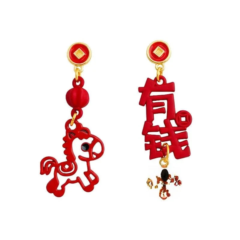 Guochao New Chinese Enamel Lacquer Paper Cut Horse Asymmetric Drop Earrings