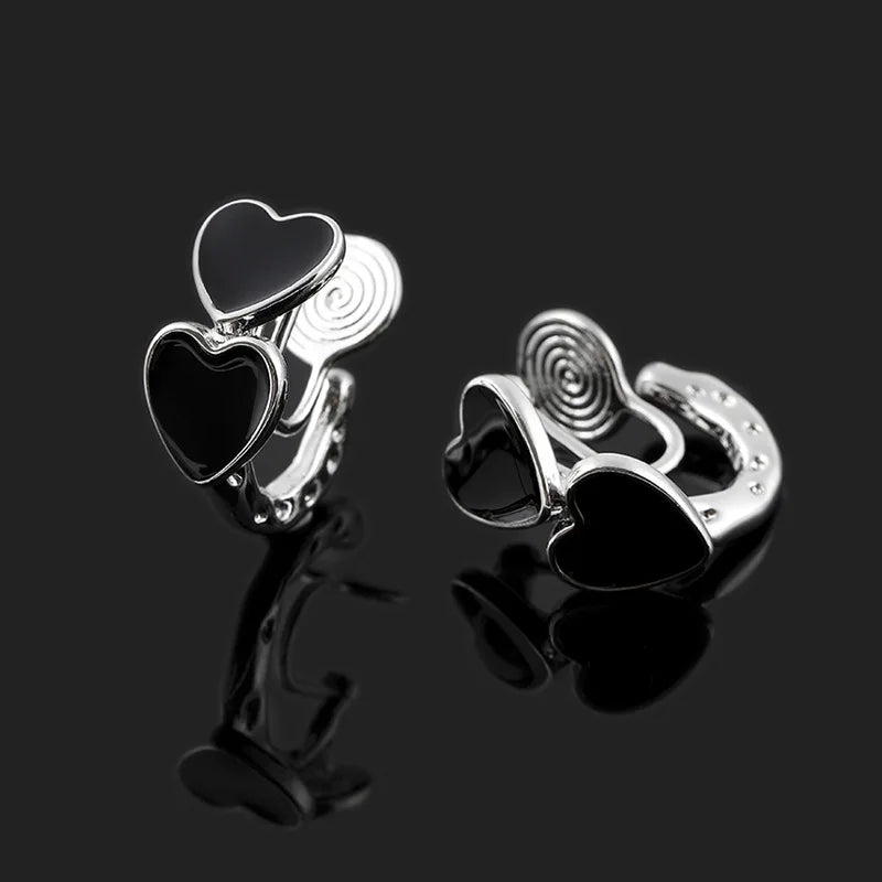Vintage Black Enamel Heart C Hoop Alloy Stud & Clip On No Piercing Spiral Ear Cuff Earrings