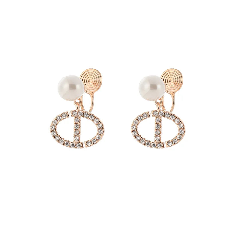 Elegant Rhinestone Letter Pendant Pearl Alloy Stud & Clip On No Piercing Spiral Drop Earrings