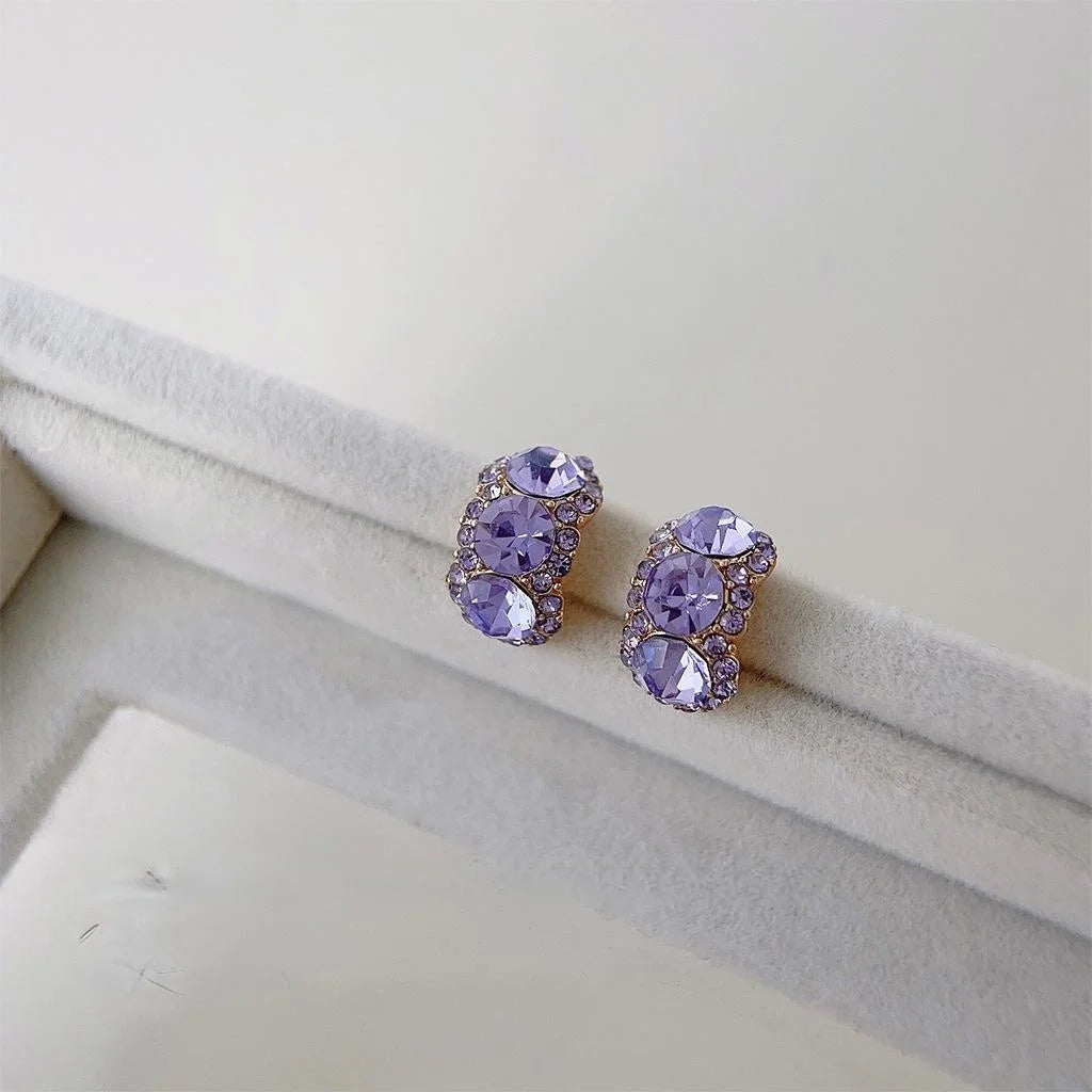 Sparkling Rhinestone Purple Geometric Half Hoop Copper Stud Earrings, Minimalist Trendy Jewelry