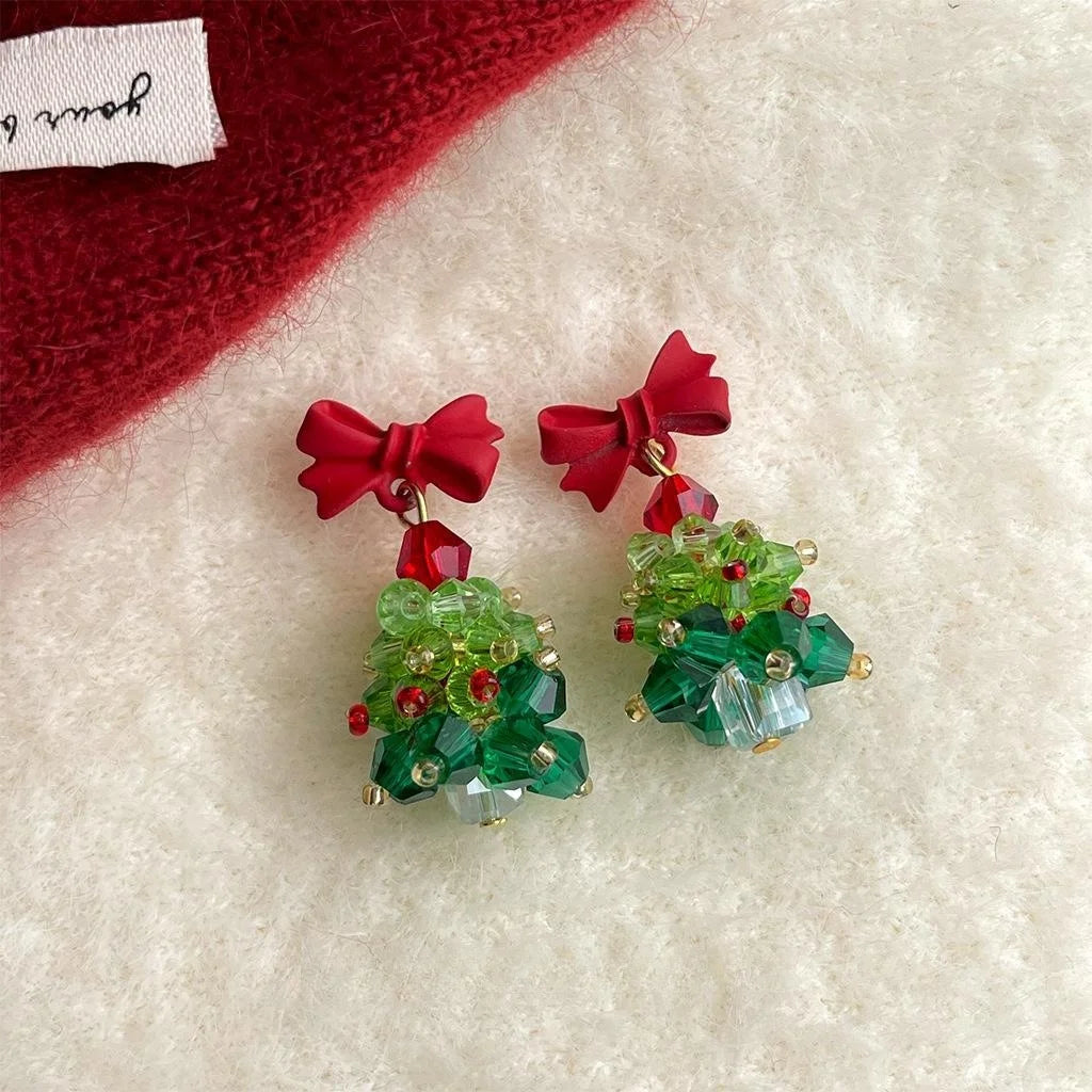 Christmas Tree Bow Drop Earrings Glass Crystal Floral Sweet Handmade Holiday Jewelry