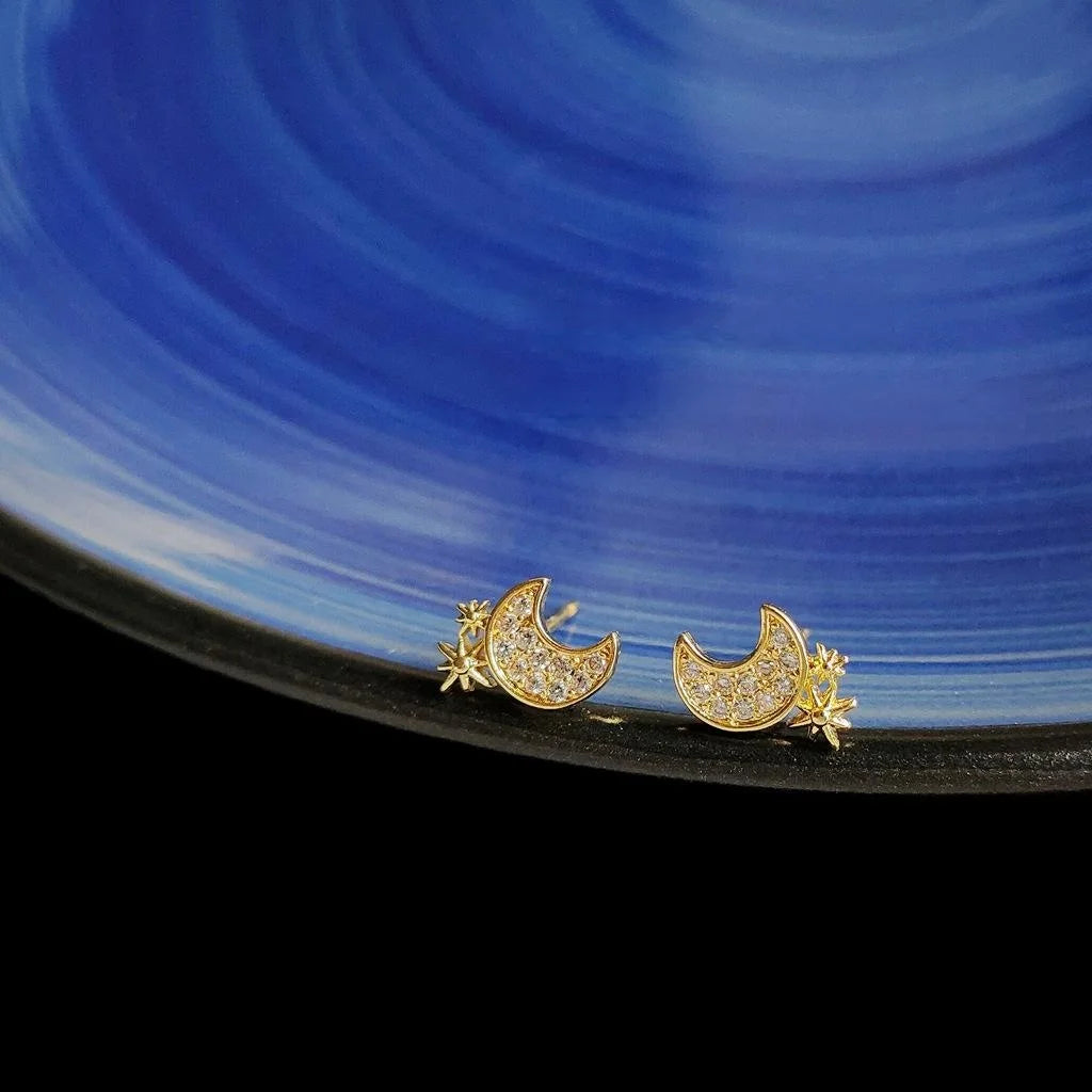 Sweet Mini Moon Star Zircon Copper Stud Earrings With Silver Plated Posts