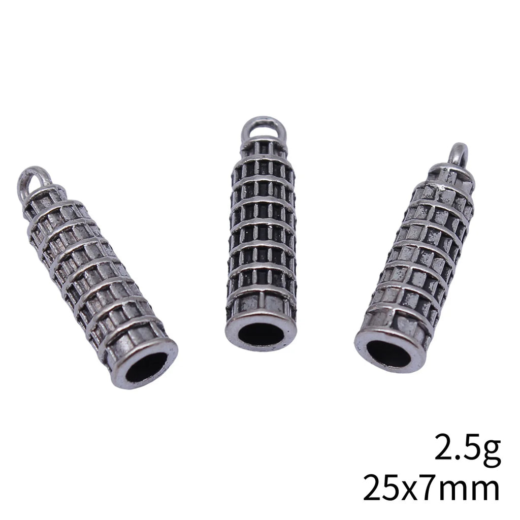 25x7mm 2.5g Antique Silver Zinc Alloy Leaning Tower of Pisa Charm Pendant for DIY Travel Jewelry