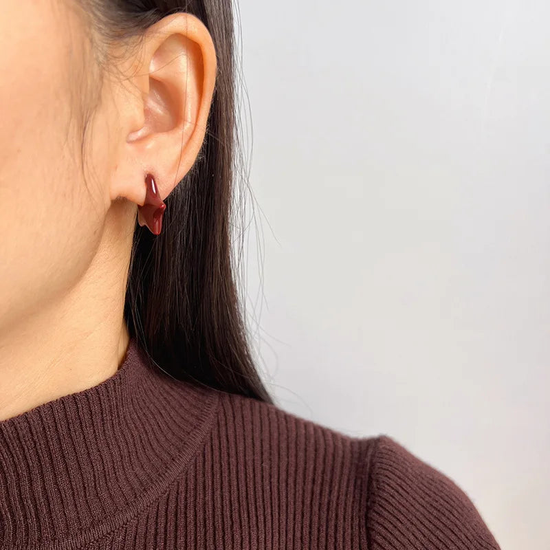 Vintage Red Enamel Five-Point Star Alloy Stud & Clip On No Piercing Gold Hoop Statement Earrings
