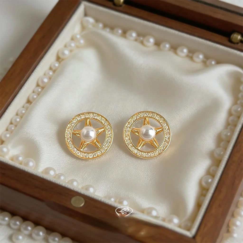 Luxury 14K Plated Copper Zircon Pearl Star Round Geometric Stud Earrings