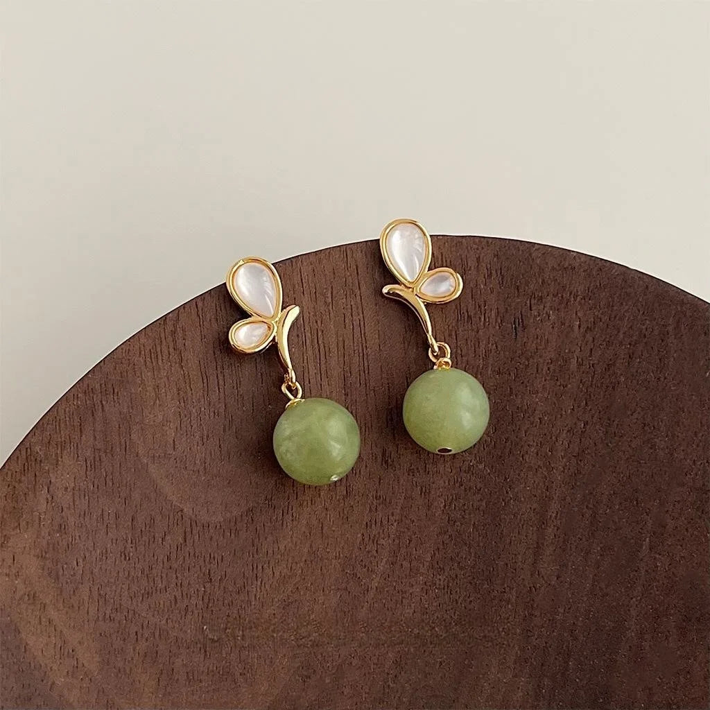 14K Gold Plated Copper Shell Natural Stone Butterfly Drop Earrings Light Luxury Handmade Jewelry