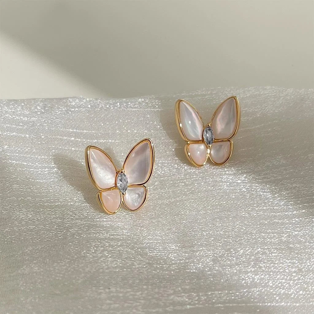 14K Gold Plated Copper White Mother Of Pearl Butterfly Stud Earrings Elegant Minimalist Jewelry