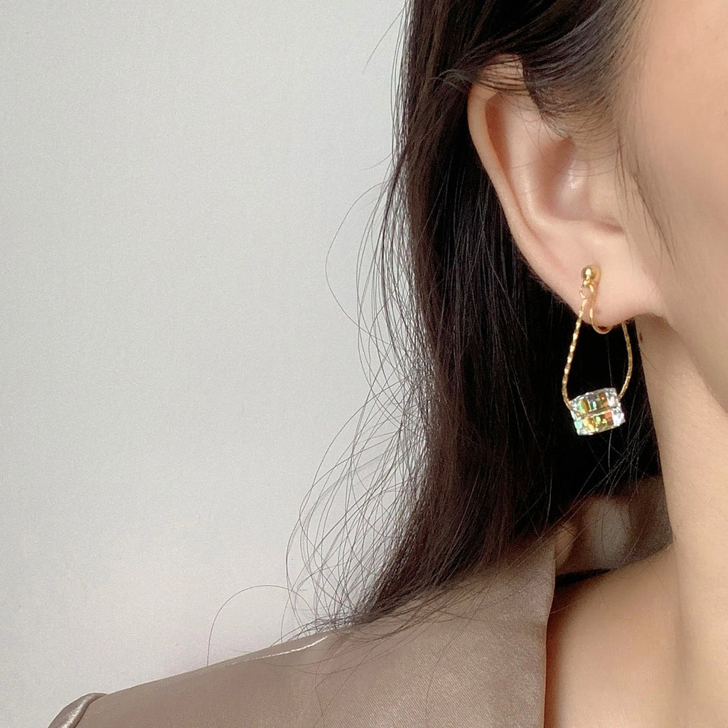 Elegant Aurora Cube Crystal Chain Tassel Loop Stud & Clip On No Piercing Gold Alloy Dangle Earrings