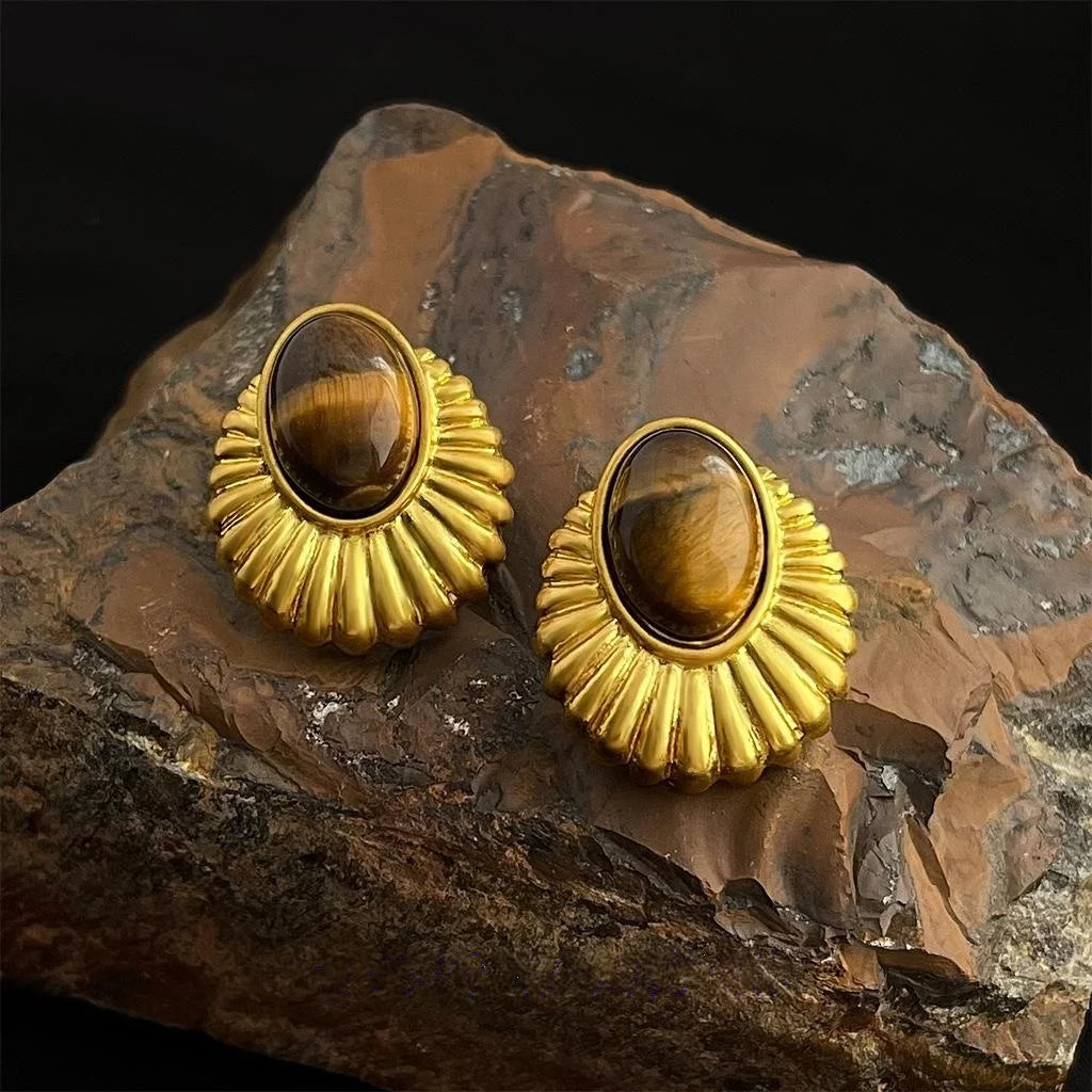 Vintage Tiger Eye Natural Stone Geometric Drop Earrings 14K Gold Plated Copper Ethnic Style