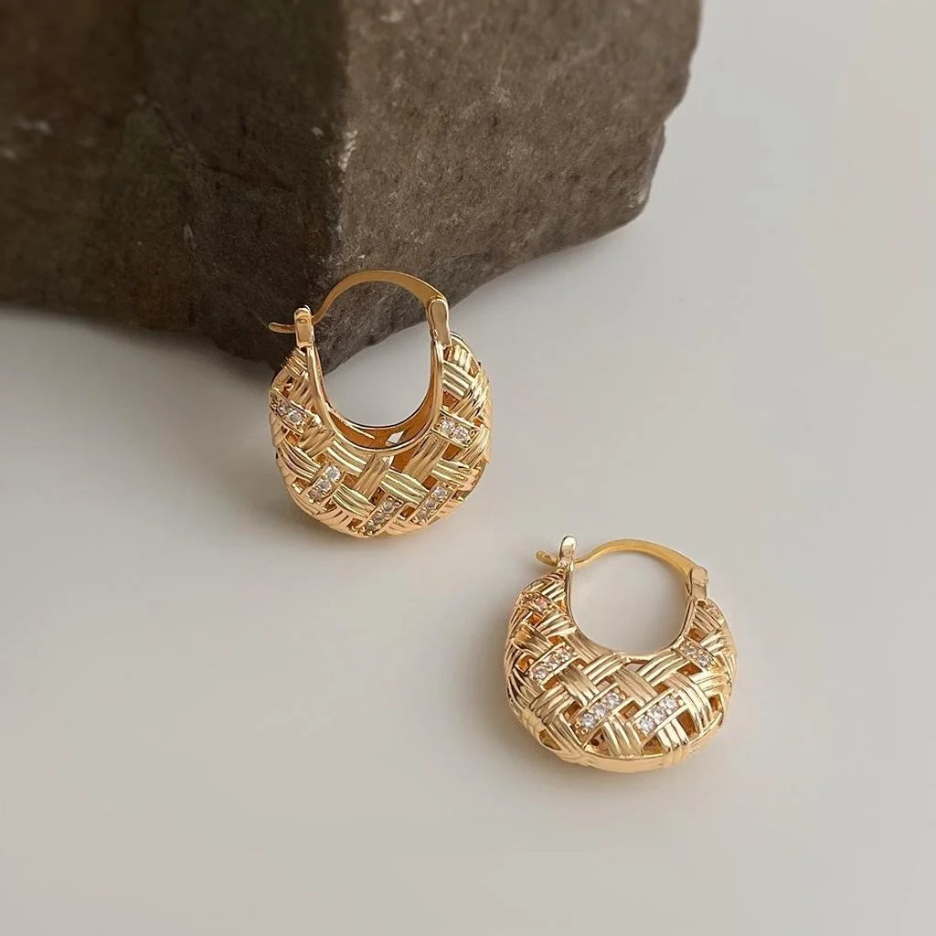 Light Luxury 18K Gold Plated Copper Micro Pave Zircon Geometric Mesh Drop Earrings