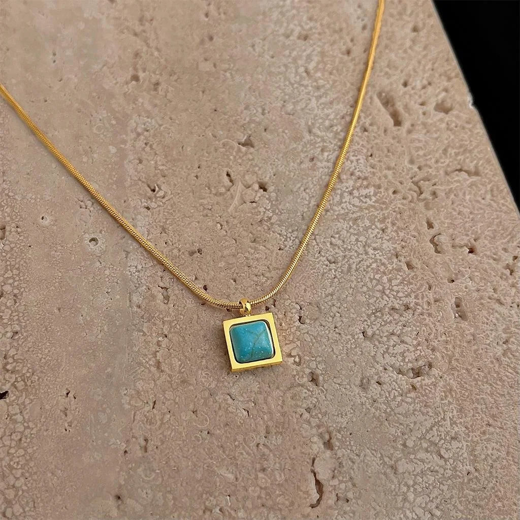 Vintage Stainless Steel Square Synthetic Turquoise Pendant Threaded Chain Necklace