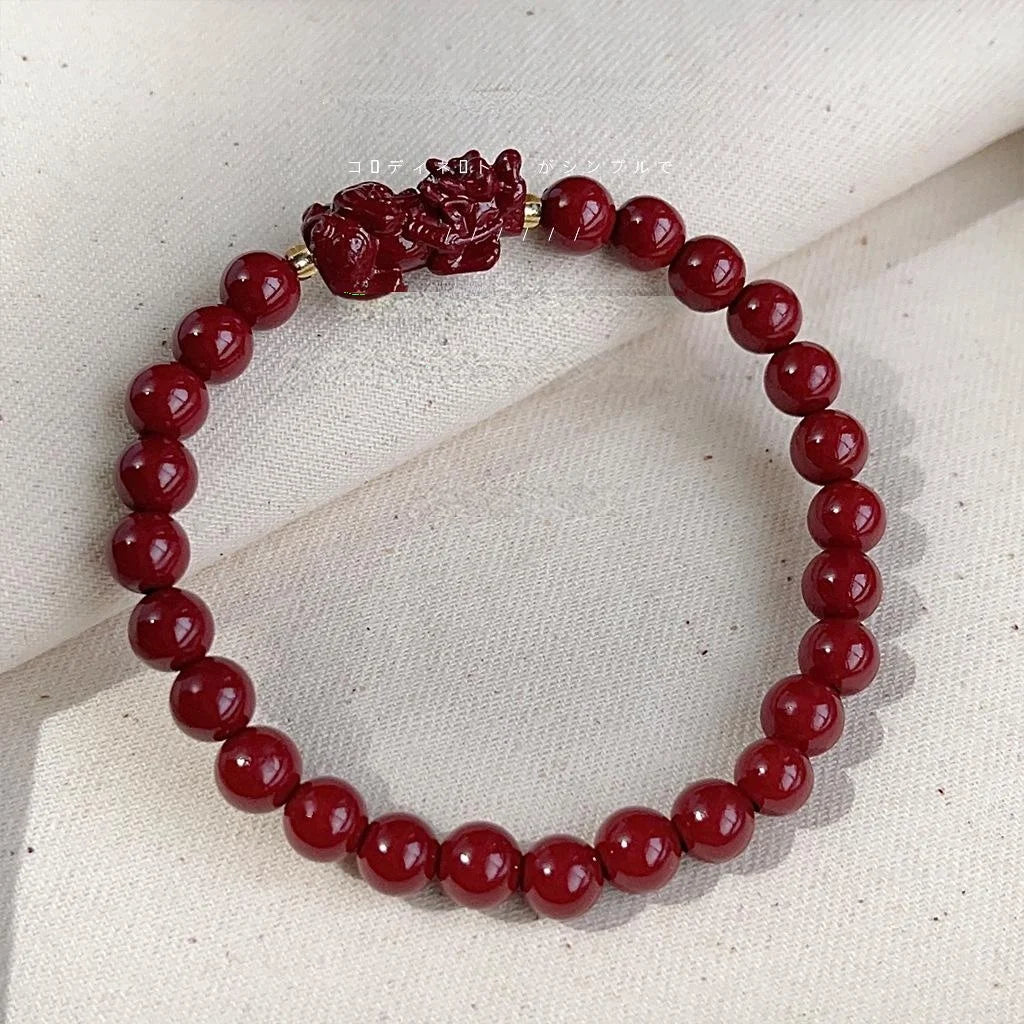 Red Synthetic Cinnabar Stone Pixiu Beaded Bracelet With Fu Charm, New Chinese Zen Style For Women