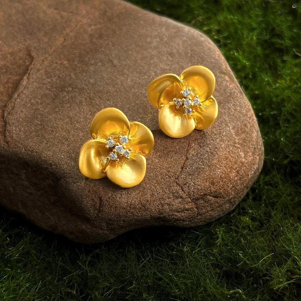 French Vintage 14K Matte Plated Copper Flower Stud Earrings With Zircon Pave