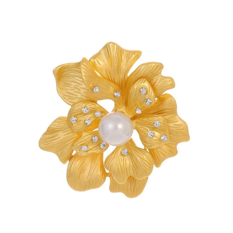 Elegant Gold Alloy Peony Flower Brooch With Pearl And Rhinestone Double Petals, 3D Lapel Pin Gift