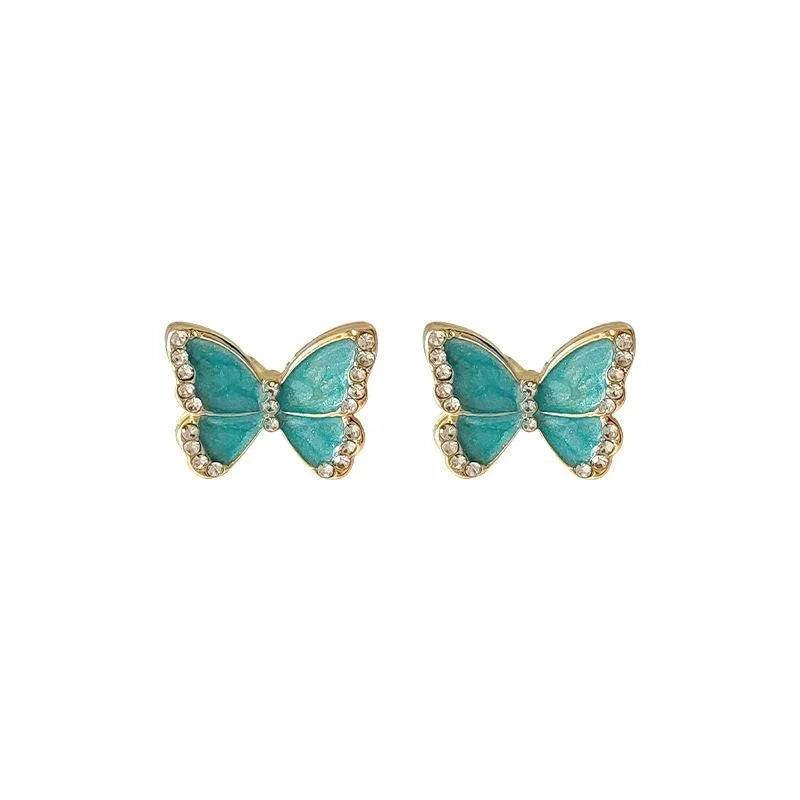 14K Gold Plated Butterfly Stud Earrings Sweet Enamel Rhinestone Jewelry