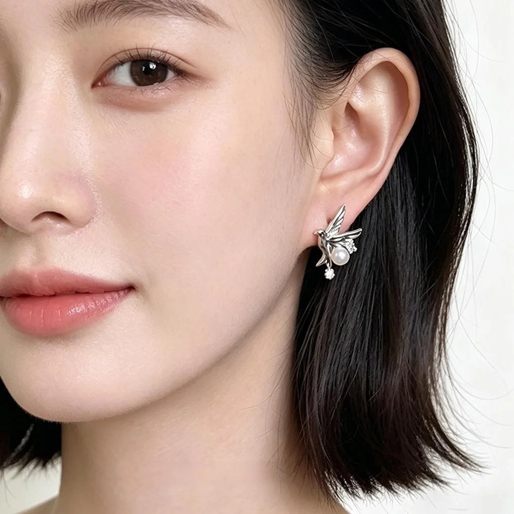 Original Bird Zircon Eco Copper Stud Earrings New Chinese Style Silver Plated Pin Jewelry