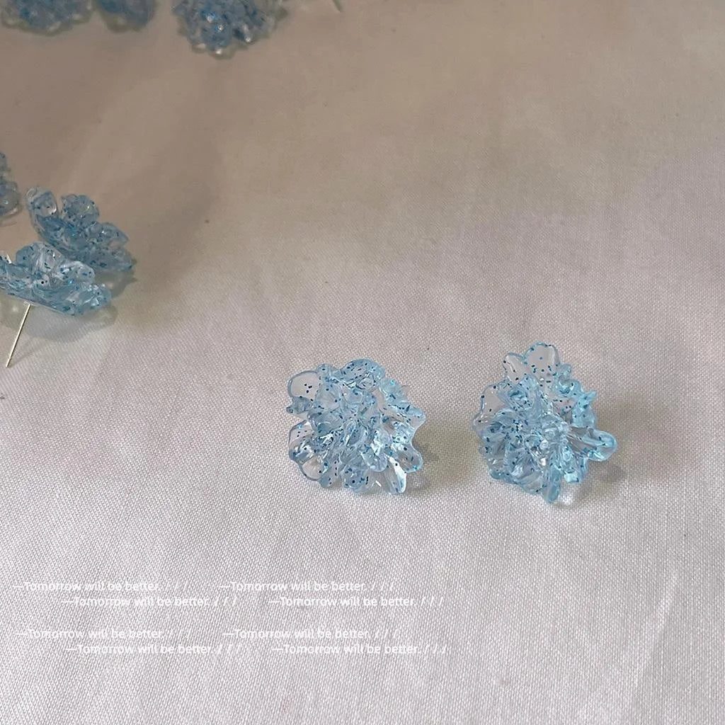 Elegant Ice Blue Resin Flower Stud Earrings With Silver Plated Pins Forest Style Sweet Jewelry
