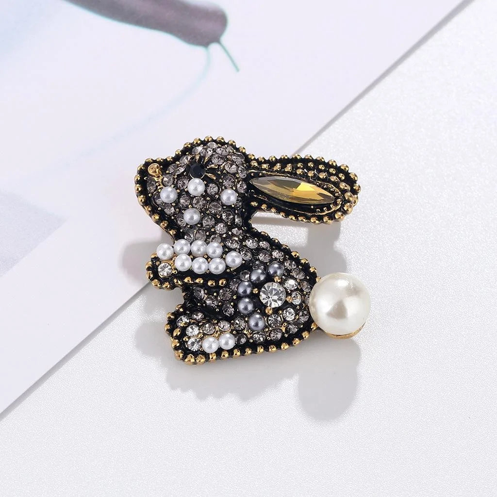 Cute Rabbit Brooch With Black Rhinestones Faux Pearls And Blue Enamel Ear, Elegant Lapel Pin Suit Accessory Gift