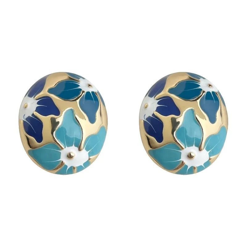 Elegant Summer Gradient Blue Floral Enamel Copper Stud Earrings