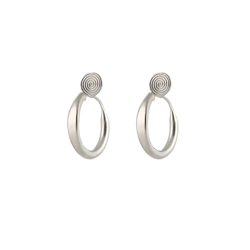 Elegant Matte Alloy Spiral Round Hoop Stud & Clip On No Piercing Minimalist Commuter Earrings