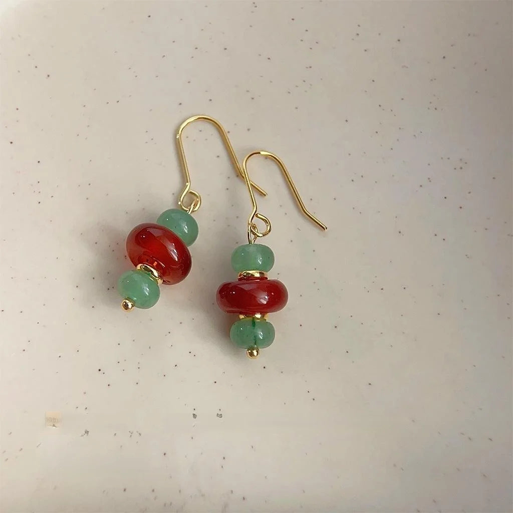 New Chinese Style Handmade Green Aventurine Natural Stone Geometric Round Drop Earrings
