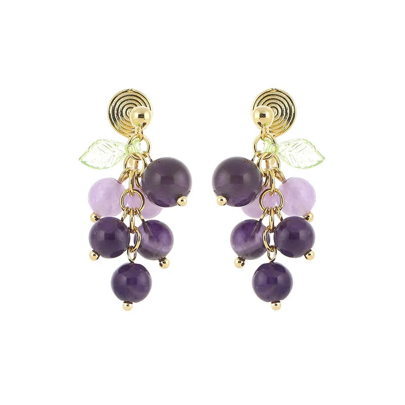 Elegant Purple Grape Cluster Natural Crystal Leaf Stud & Clip On No Piercing Fruit Drop Earrings