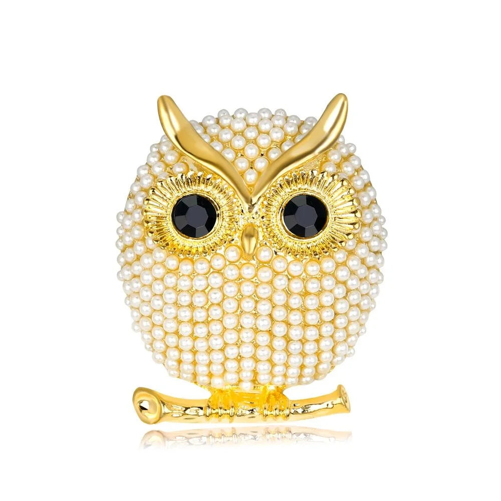 Elegant Gold Owl Brooch With Faux Pearl Beads And Black Rhinestone Eyes, Luxury Lapel Pin Corsage Gift