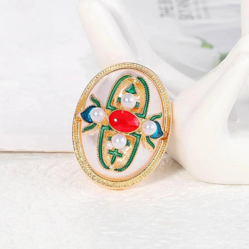Vintage Baroque Pearl Enamel Oval Brooch With Rhinestone Trim, Elegant Women's Lapel Pin Qipao Suit Gift