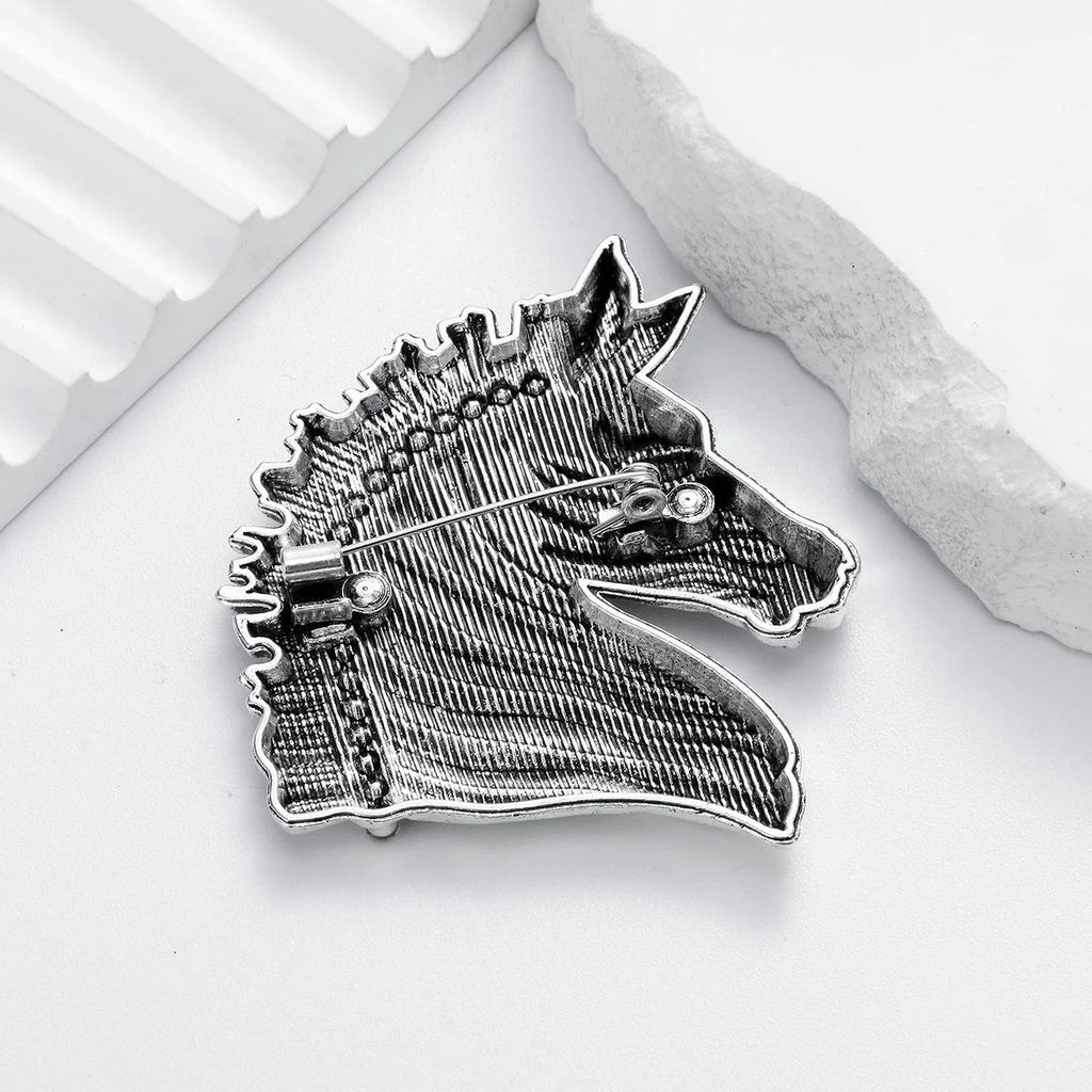 Vintage Silver Alloy Horse Head Brooch With Rhinestone Mane And Green Eye, Elegant Lapel Pin Suit Accessory