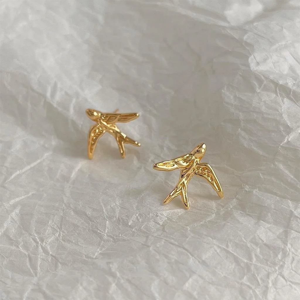 14K Gold Plated Copper Flying Bird Stud Earrings, Minimalist Light Luxury Women's Jewelry