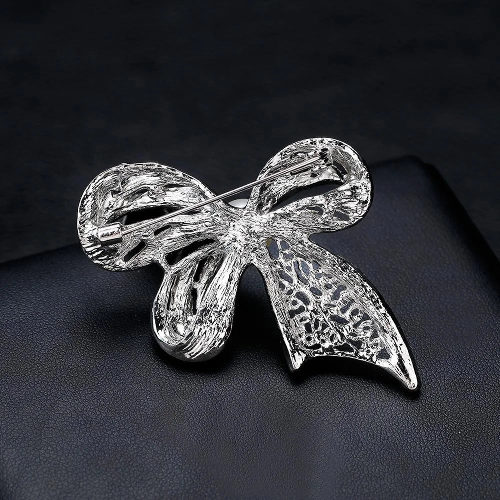 Elegant Rhinestone Bow Brooch With White Pearl Center, Plated Alloy Lapel Pin Corsage Suit Accessory Gift