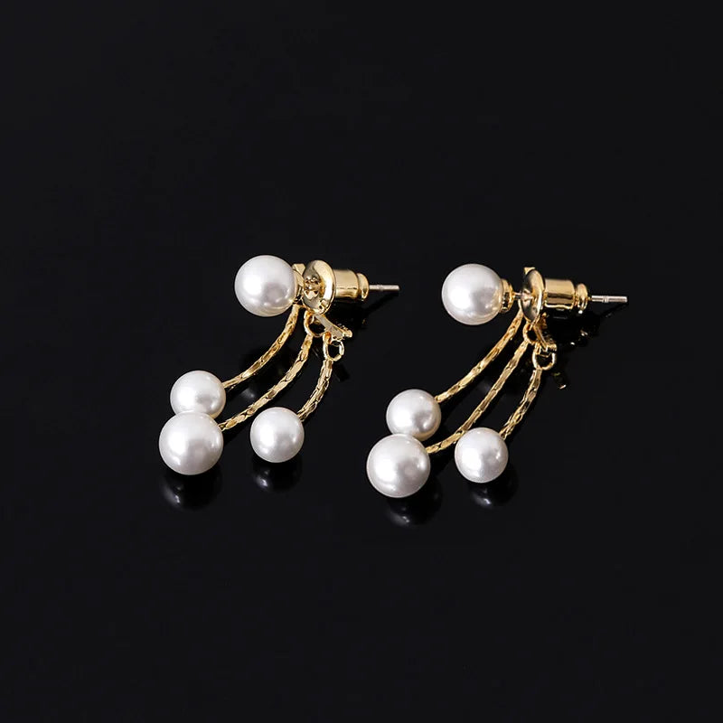 Elegant Pearl Tassel Spiral Disc Alloy Stud & Clip On No Piercing Back Hanging Drop Earrings
