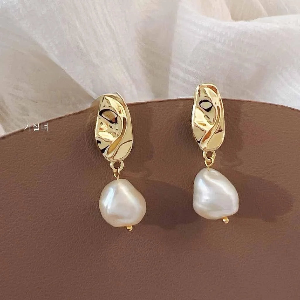 French Irregular Baroque Freshwater Pearl 14K Plated Copper Stud Earrings