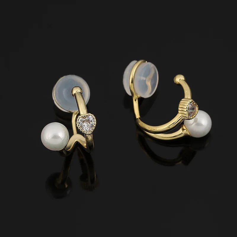 Elegant Heart Zircon Pearl Hoop Stud & Clip On No Piercing Gold Alloy Minimalist Ear Cuff Earrings