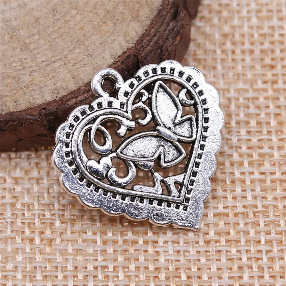 25x24mm 2.1g Zinc Alloy Heart Butterfly Heart Double Sided Charm Pendant for DIY Jewelry Making