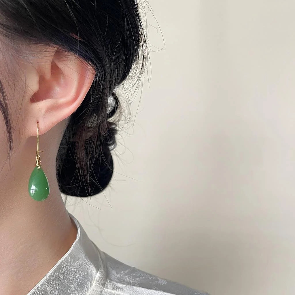 Handmade Green Glass Teardrop Drop Earrings Vintage Palace New Chinese Style Jewelry