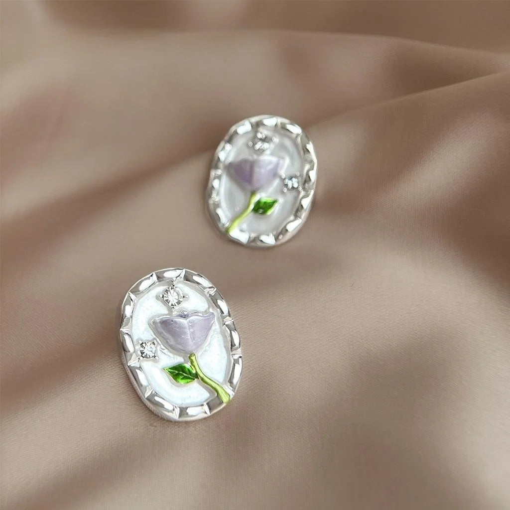 Fresh Sweet Hand Painted Enamel Tulip Flower Eco Copper Stud Earrings For Women Daily Commute