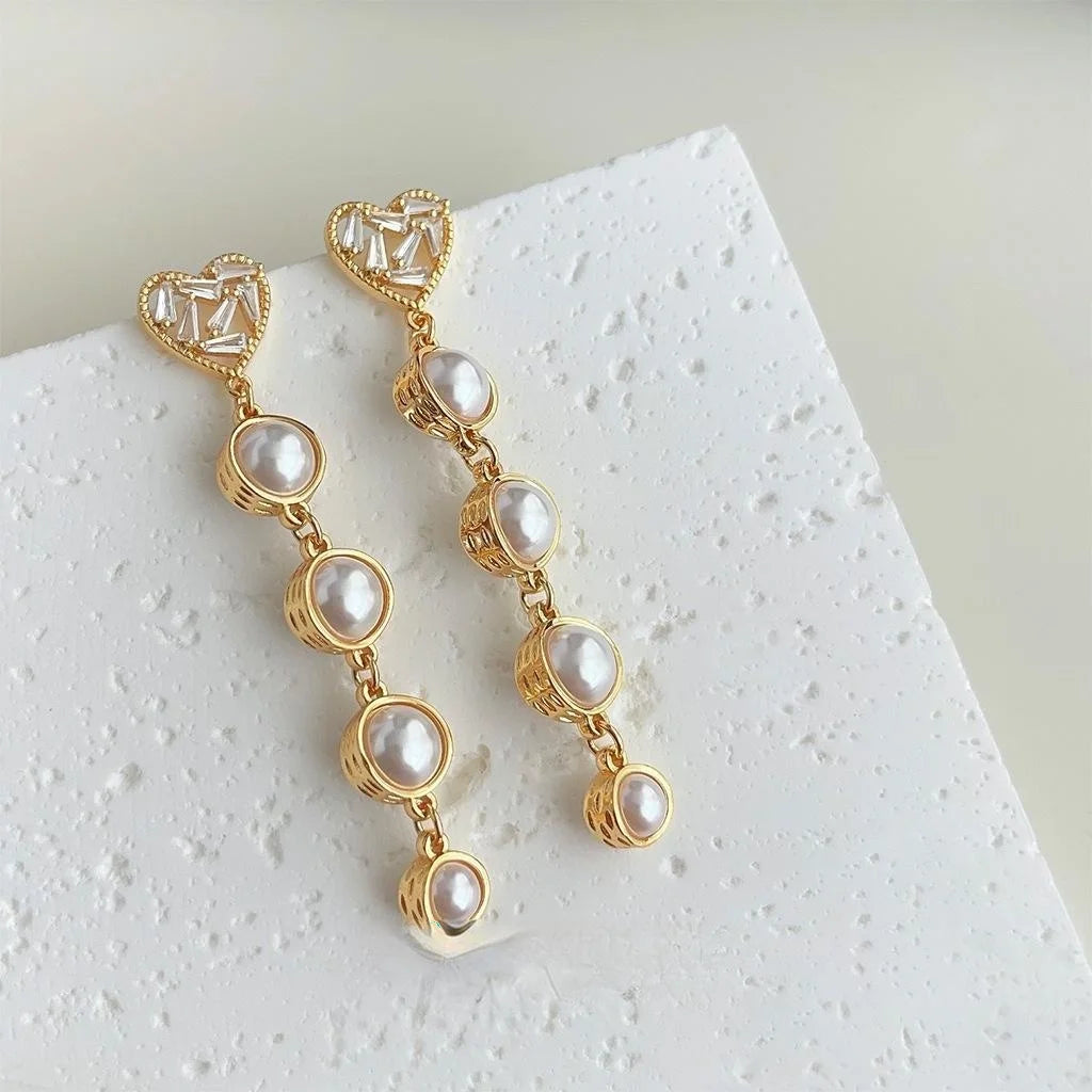 18K Gold Plated Copper Heart Tassel Drop Earrings With Glass Pearl Business Style