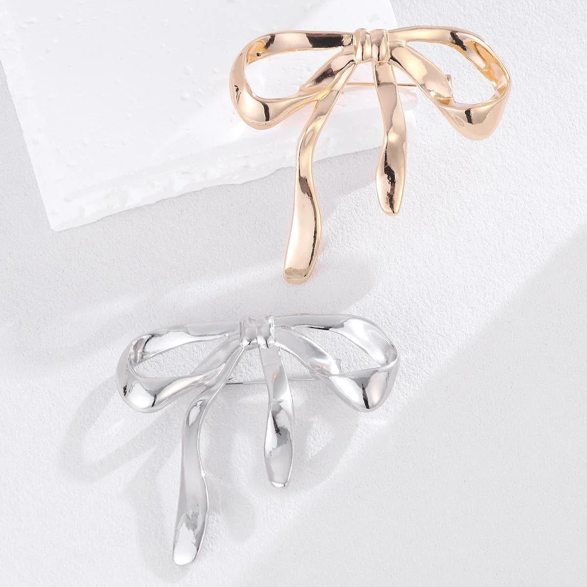 Elegant Polished Gold Alloy Bow Brooch For Women, Smooth Ribbon Lapel Pin Corsage Suit Accessory Gift