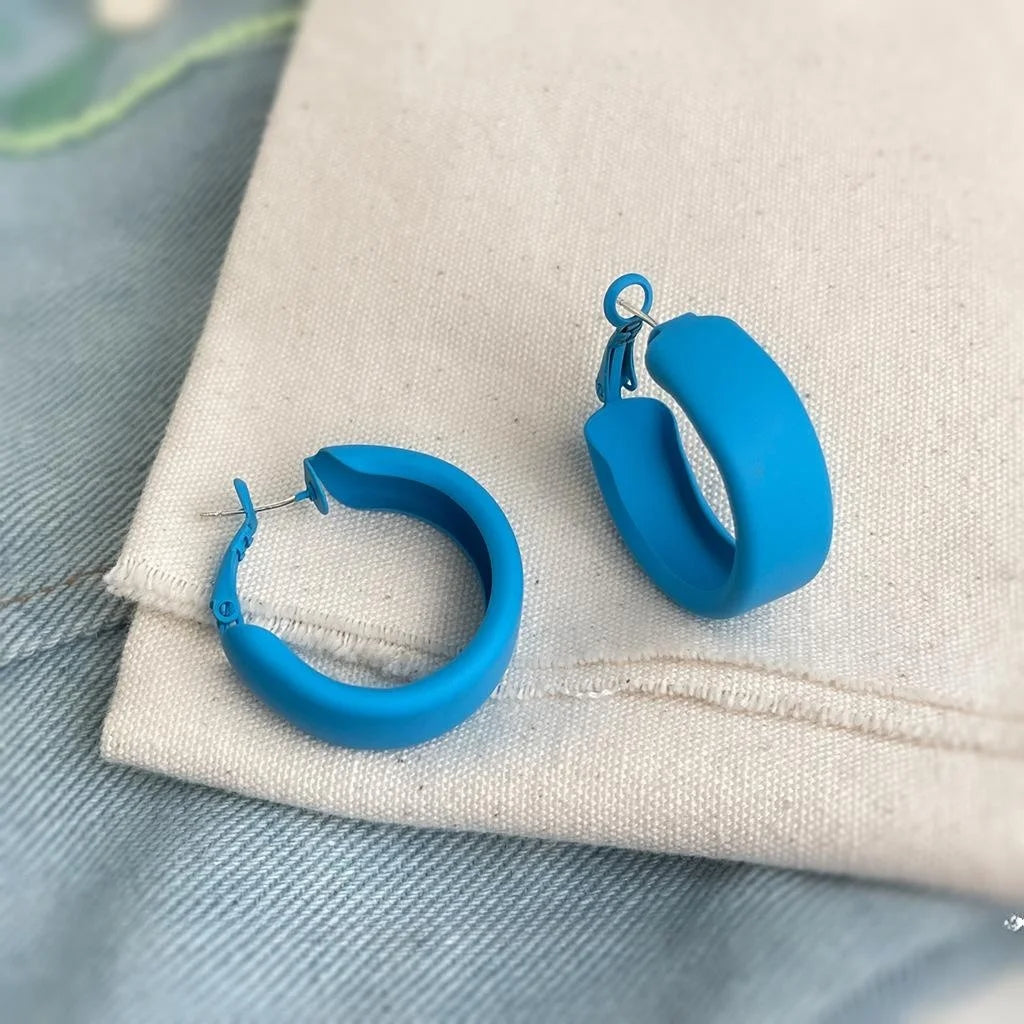 Haze Blue Enamel Round Hoop Drop Earrings Copper Vacation Style Jewelry
