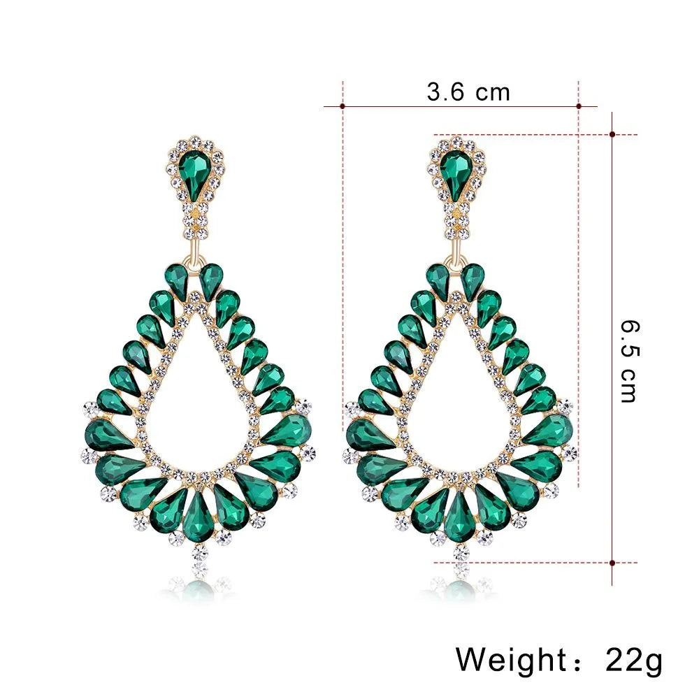 Vintage Bohemian Green Glass Crystal Rhinestone Teardrop Alloy Chandelier Earrings For Wedding Party
