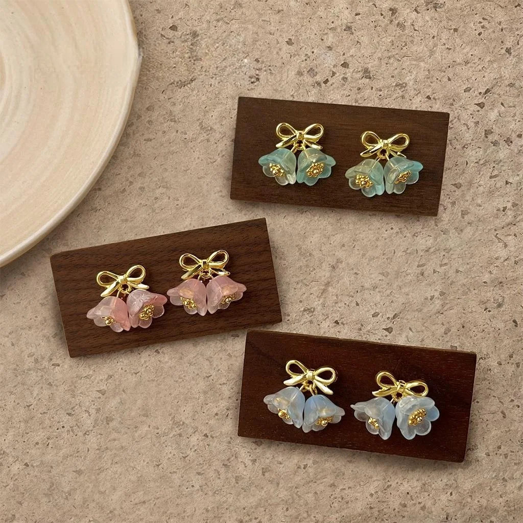Sweet Lily Of The Valley Bow Drop Earrings Copper Glass Handmade Floral Designer Jewelry