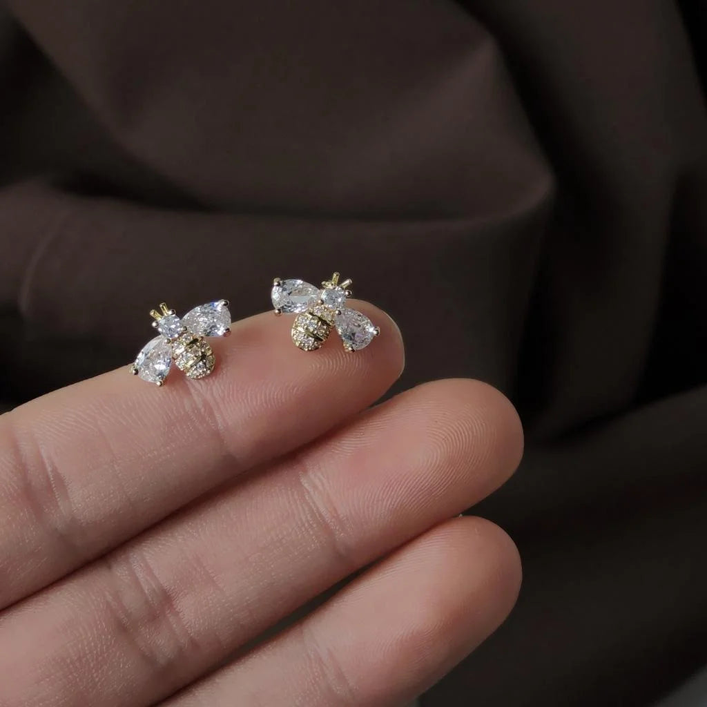 14K Gold Plated Needle Zircon Micro Pave Bee Stud Earrings For Women Korean Japanese Minimalist Jewelry