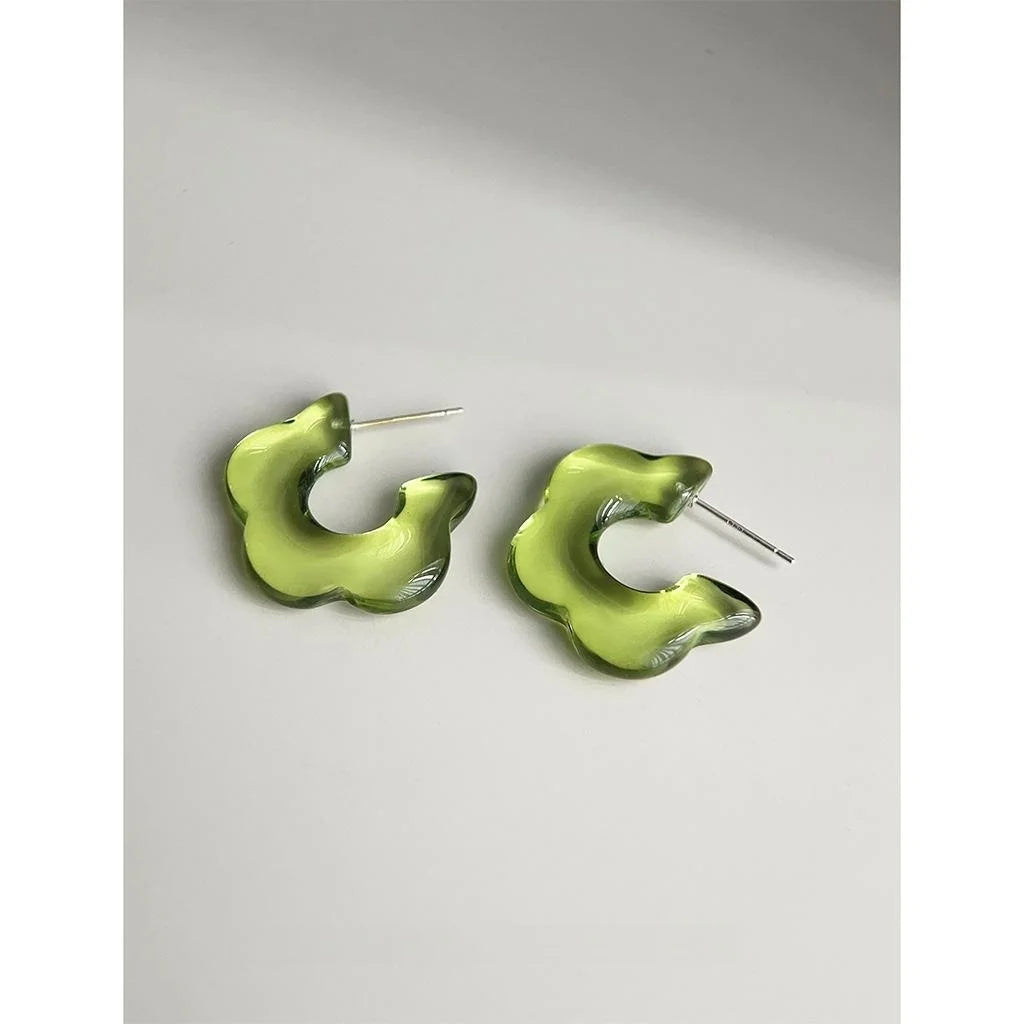 Mint Green Resin Flower C Shaped Wavy Hoop Earrings Forest Style Sweet Silver Plated Studs