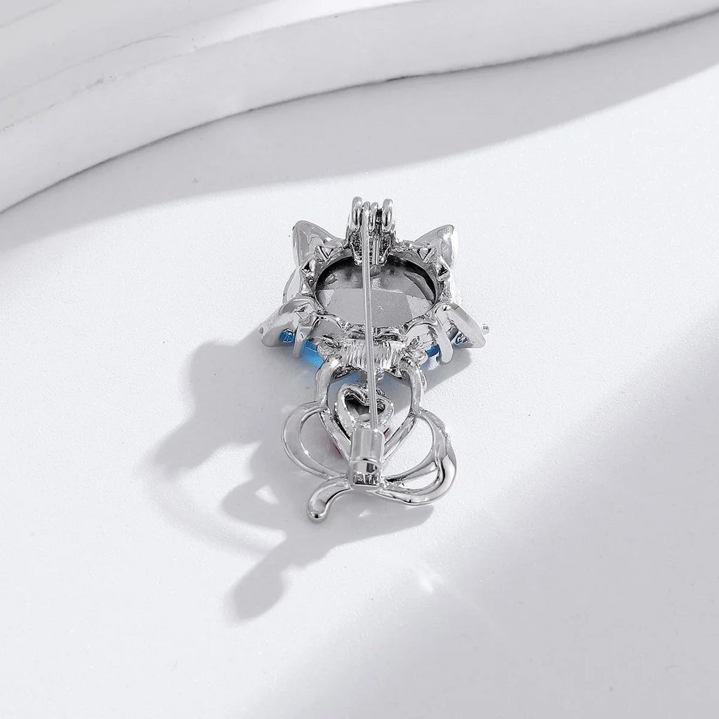 Cute Purple Glass Cat Brooch With Rhinestone Heart, Silver Alloy Lapel Pin Corsage For Dress Hat Gift